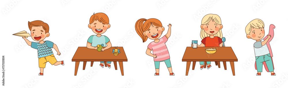 Happy Kids at Kindergarten Playing and Have Fun Vector Set Happy Kids at Kindergarten Playing and Have Fun Vector Set