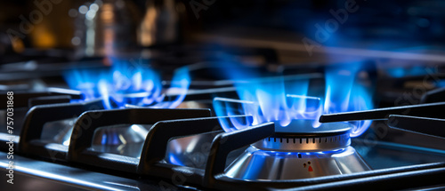 Detail view on kitchen gas cooker with blue flame 