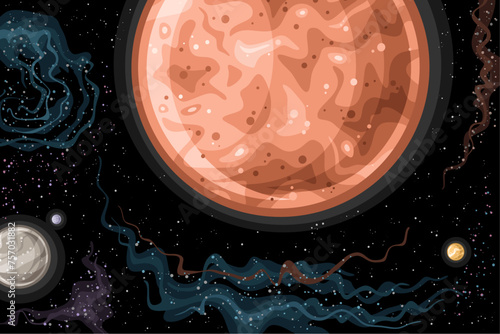Vector Fantasy Space Chart, horizontal astronomical poster with illustration of trans-neptunian dwarf planet Sedna in deep space, decorative futuristic cosmic print with black starry space background