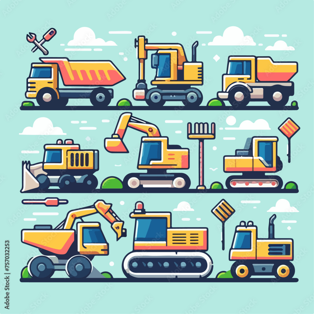 Illustration of construction heavy machinery vehicles. flat and minimalist design.