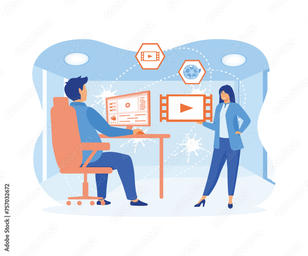 Professional video editor and motion designer edit the video. Motion design and video content production. flat vector modern illustration Professional video editor and motion designer edit the video. Motion design and video content production. flat vector modern illustration
