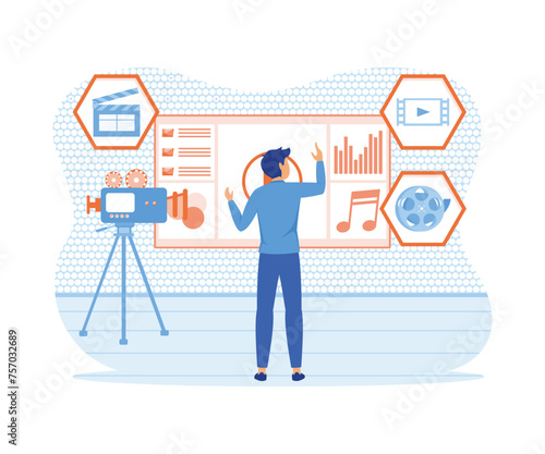 Motion design studio. Freelancer Designer, animator, storyteller creating motion graphic content. Multimedia content, video post production, footage editing. flat vector modern illustration