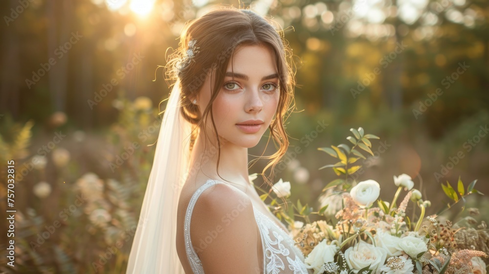 Bride in a forest at sunset with a bridal bouquet. Bride in a forest at sunset with a bridal bouquet.