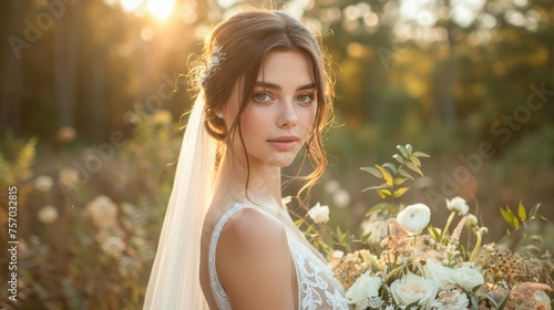 Bride in a forest at sunset with a bridal bouquet.