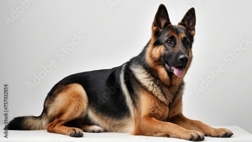 Black and tan german shepherd dog on grey background