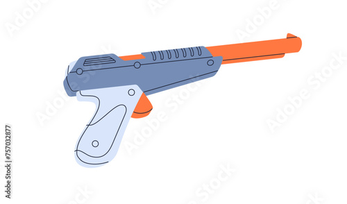 Gaming gun. Lazer pistol for shooter videogame in 90s style. Shooting toy for playing. Gamers firearm, rifle, of nineties. Nostalgic flat vector illustration isolated on white background