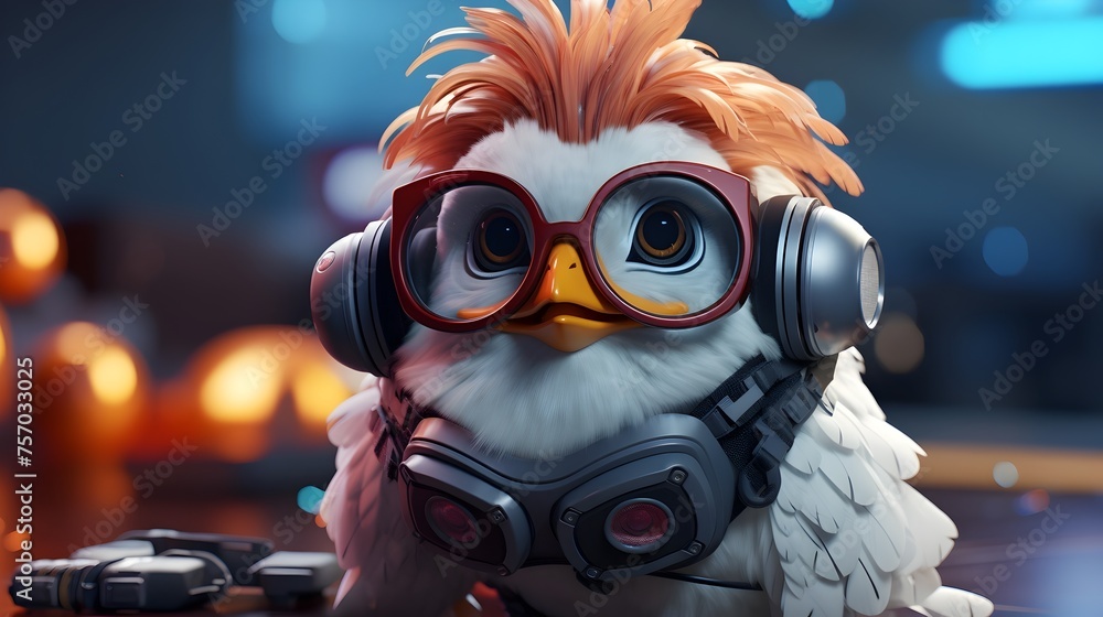 A cartoon bird wearing glasses and headphones is sitting on a table