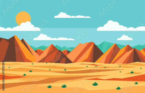 Flat Design Illustration of Rock Stone in Arabian Desert with Sun on Sunny Day