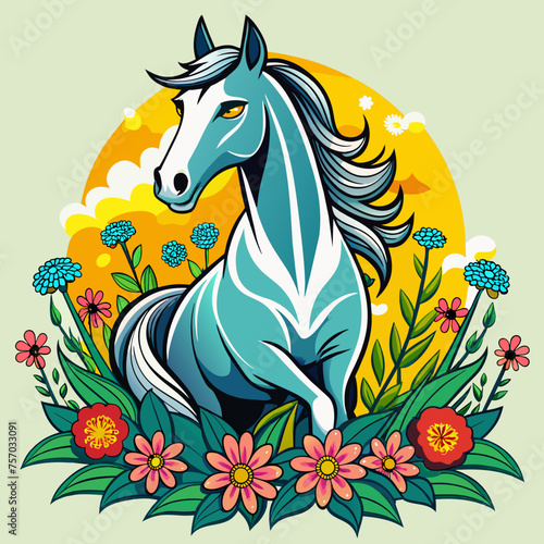 Equestrian Elegance Create a T-shirt Sticker showcasing a Graceful Horse in a Field of Flowers