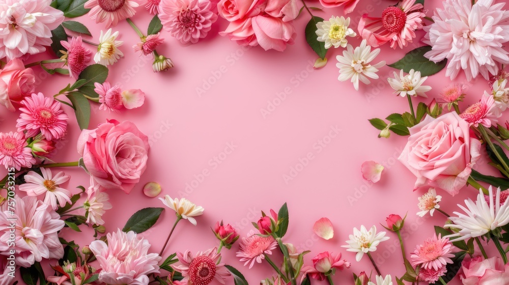Various spring flowers creating frame with large copy space on a pink background. Various spring flowers creating frame with large copy space on a pink background.