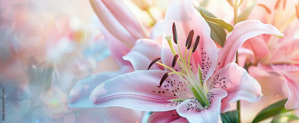 Beautiful pink, purple and lilac lilies on the background of a spring garden. Horizontal background for banner, greeting card, invitation. Women's Day, Valentine's Day, wedding.