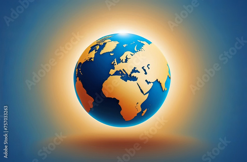 Blue and gold globe on blue background symbolizing world under Sunlight