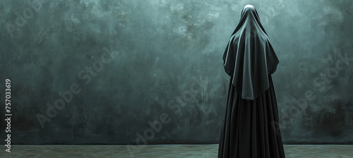 Back view of catholic nun, dark background, copy space for text photo