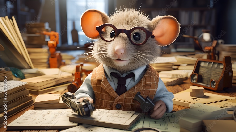 A mouse wearing glasses and a vest sits at a desk with a gun in his hand - obrazy, fototapety, plakaty 