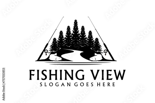 Bass Carp Salmon with Pines Conifer Evergreen Tree for Forest River Creek Angler Fishing Emblem Logo design