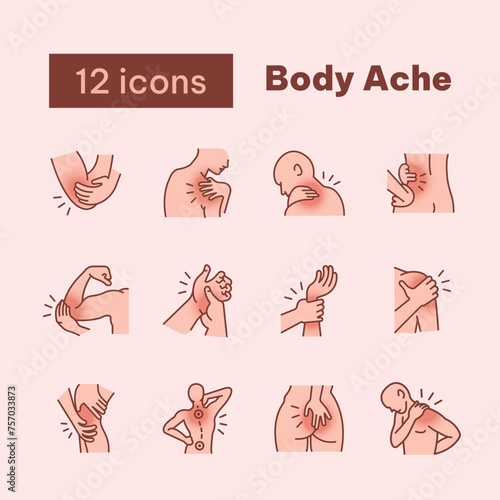 Set of icons Body Ache, Filled outline, hand pain, shoulder, neck, hip, wrist, palm, elbow, knee, back, rib, and wrist joint, spine