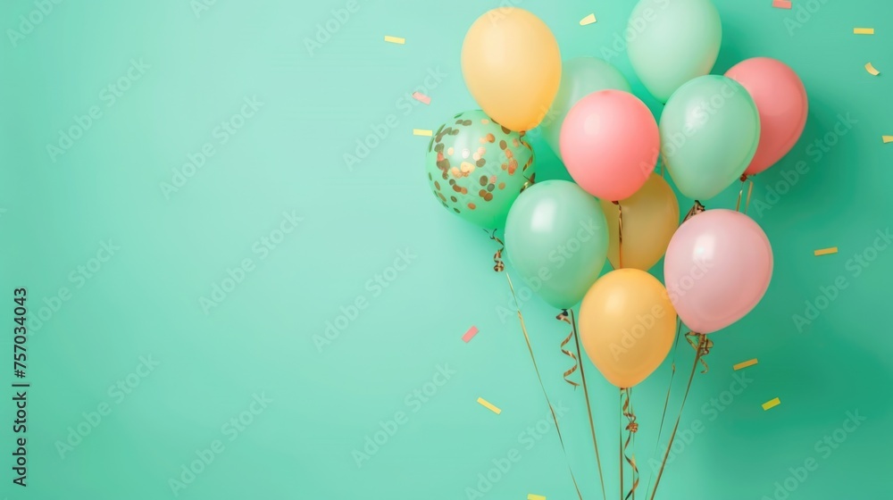 Festive balloons with glitter and confetti on a green gradient background.