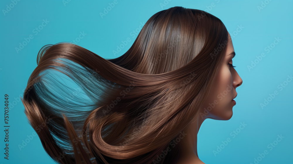 Profile view of a woman with luxurious, flowing brown hair against a striking blue background, embodying elegance and vitality. Profile view of a woman with luxurious, flowing brown hair against a striking blue background, embodying elegance and vitality.