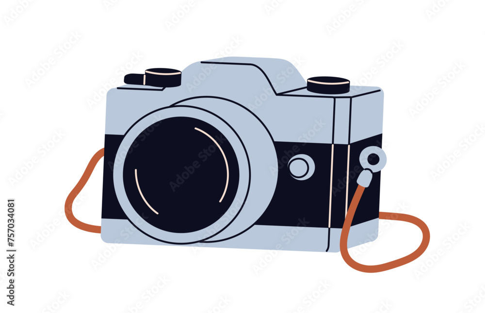 Photo camera. Film photocamera with lens. Classic retro-styled digital cam. Photograph equipment, old analog device icon for photography hobby. Flat vector illustration isolated on white background