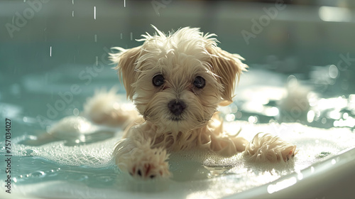 Little maltipu looking in the camera bath in the white bathtube, pet care