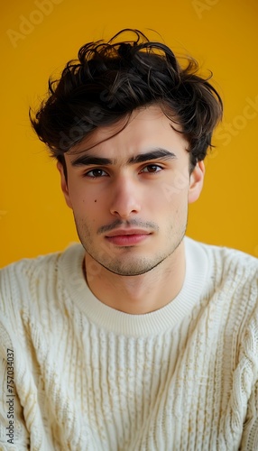 White Sweater Portrait: Handsome Man with Dark Hair, Brown Eyes, Cinematic Style