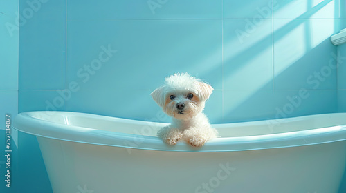 Little maltipu bath in the white bathtube in the blue bathroom, pet care photo