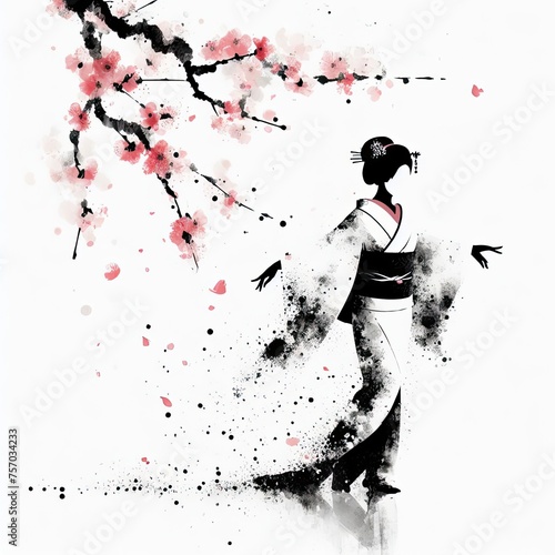 Japanese geisha in kimono dress in splash ink painting with Generative AI.