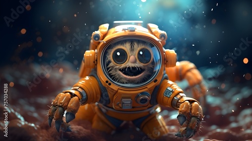 A cartoonish orange astronaut is wearing a space suit and is smiling