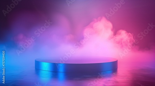 Podium background for promotional products surrounded by smoke fog mist cloud. Colorful neon lights. Empty studio scene for product advertising. Vibrant colors 3D render of display platform.