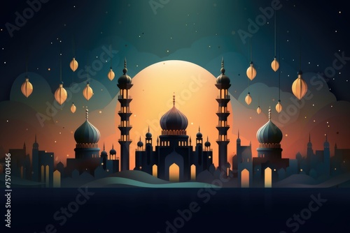 Illustration of a mosque silhouette against a night sky with hanging lanterns during Ramadan.