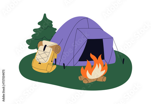 Camp site, tent, backpack and fire. Camping place, campsite with campfire, rucksack in nature. Holiday outdoor adventure, bonfire and knapsack. Flat vector illustration isolated on white background