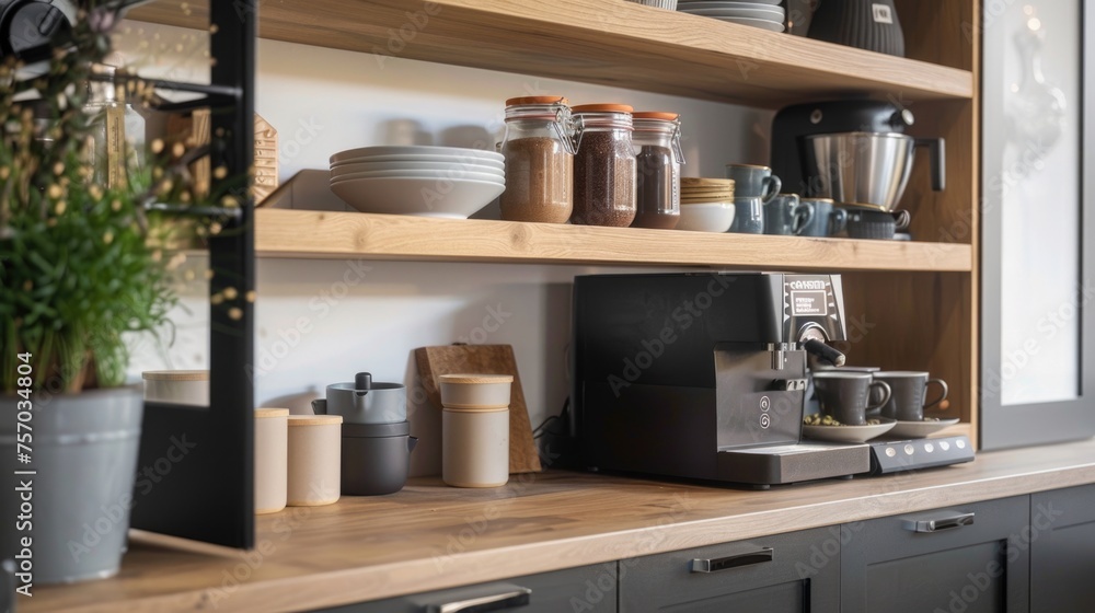 Modern kitchen pantry with organized shelves, coffee machine, and wooden details. Modern kitchen pantry with organized shelves, coffee machine, and wooden details.