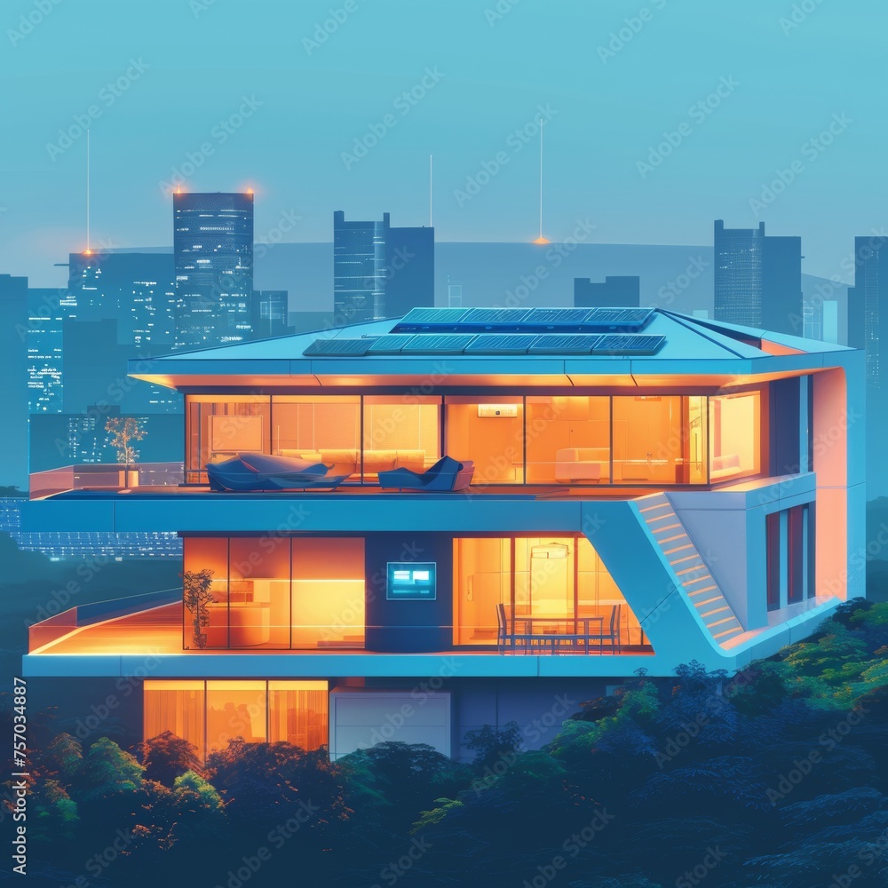 A futuristic smart home powered by solar panels at dusk, with vibrant blue and purple lighting, reflecting on a serene body of water