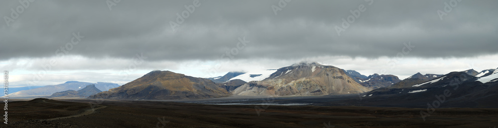 Rocky Mountain Range with Snow Fields in Iceland Panorama