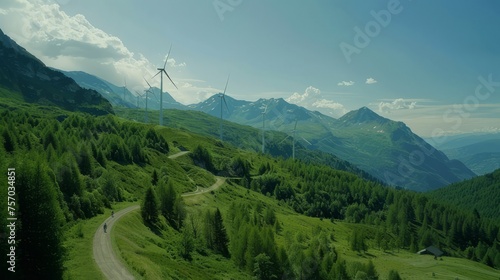 People on bicycle pass by windmill turbines in lush green mountains, showcasing wind power generation amidst the scenic landscape