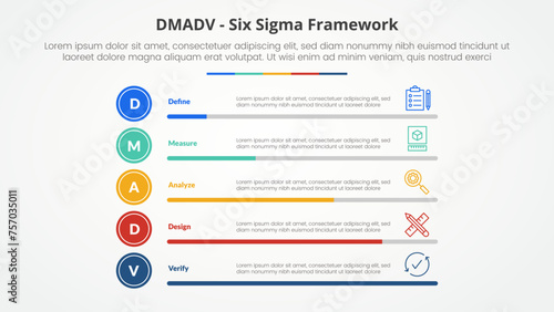 DMADV six sigma framework methodology concept for slide presentation with percentage bar progress stack with 5 point list with flat style