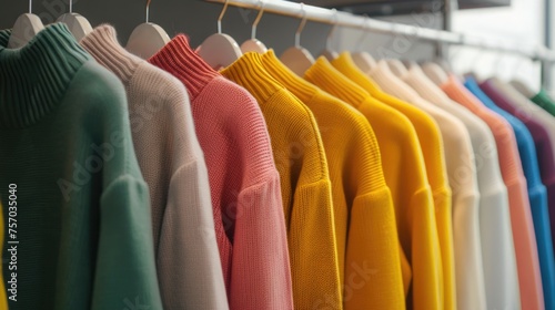 Colorful assortment of sweaters on wooden hangers against a blurred background.