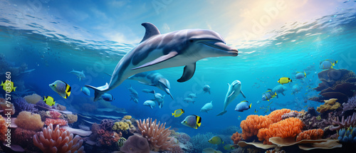 Dolphins swimming in the sea marine life underwater © Ashley