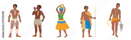 African People Character in Traditional Tribal Clothing Vector Set