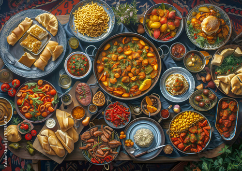 Table adorned with enticing array of dishes during Ramadan. Food provides essential vitamins and hydration to revitalize body during traditional sawn