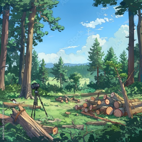 Forest landscape. Vector illustration. Woodpile in the forest.