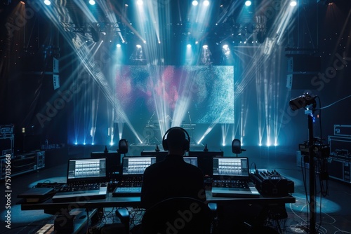 Sound engineer controlling live concert audio mixer. photo