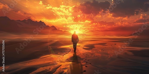 3D illustration of a man walking towards the sun at sunset.