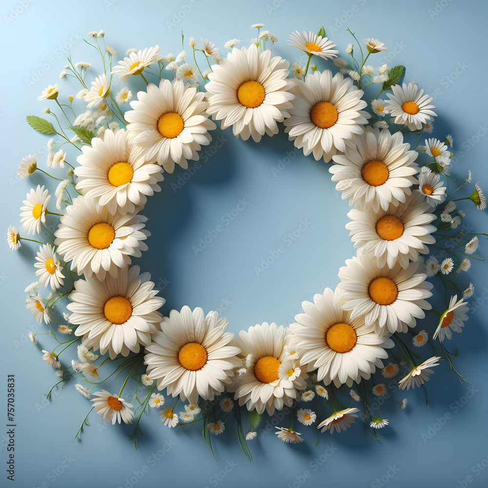 Obraz premium Daisy flower frame, isolated on a blue background, Spring Frame
