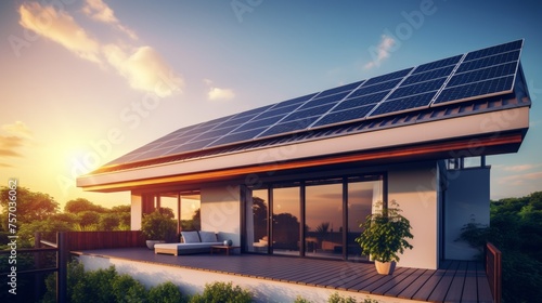 A modern house with a solar panel installation on the roof at sunset, depicting sustainable living and renewable energy solutions