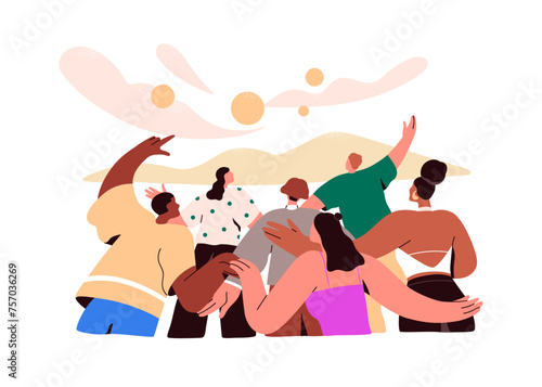 People crowd, aspiration to dream, common goal, future target. Hope, inspiration, miracle concept. Spectacles looking, watching wonder. Flat graphic vector illustration isolated on white background