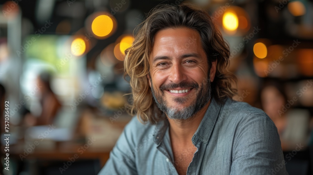 Smiling mature man in a cafe with a bokeh light background. Smiling mature man in a cafe with a bokeh light background.