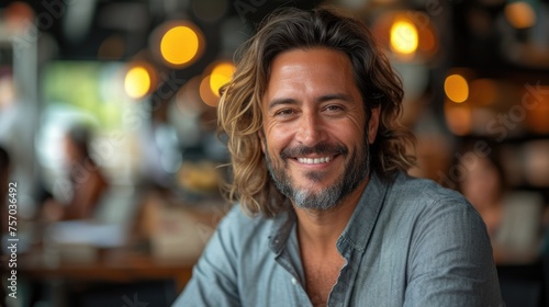 Smiling mature man in a cafe with a bokeh light background.