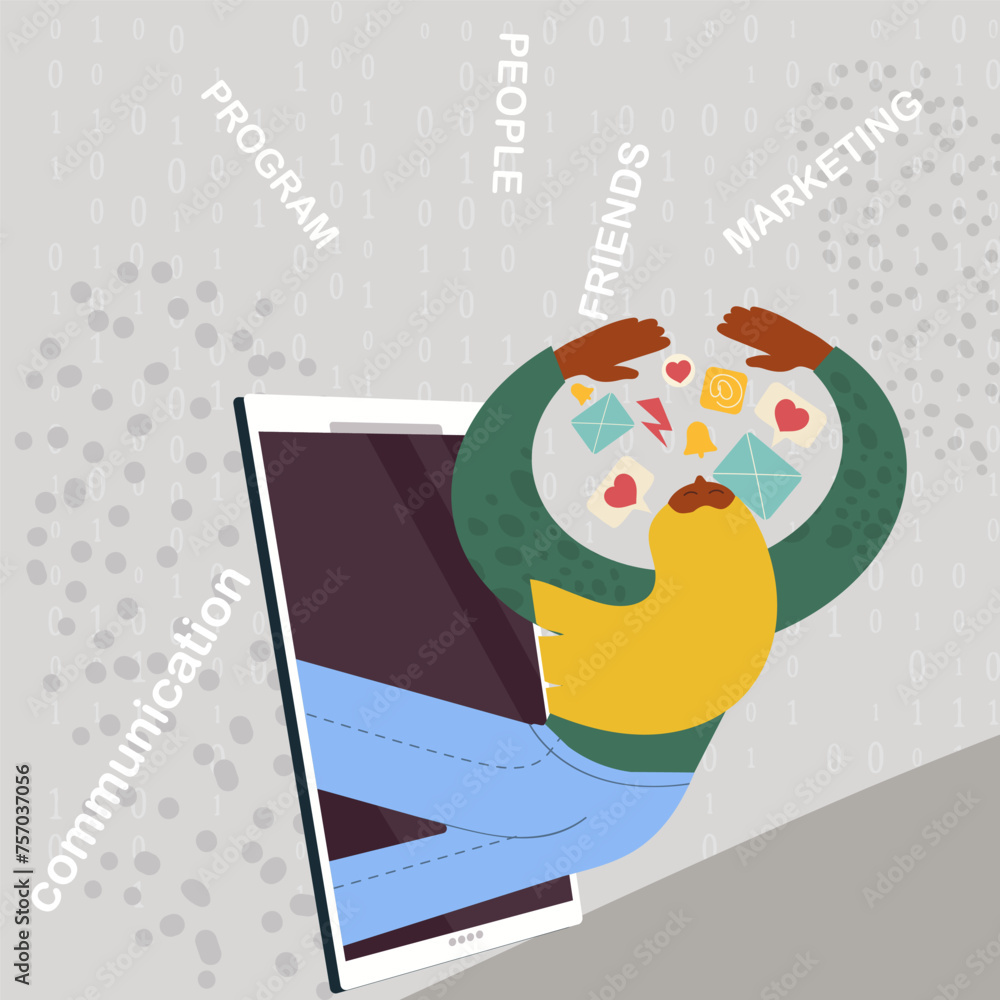 Fototapeta premium Vector flat illustration of girl, woman flying out of phone, social networking symbols, communication, gadgets, addiction, networking, email, letters, finance, economy, marketing.