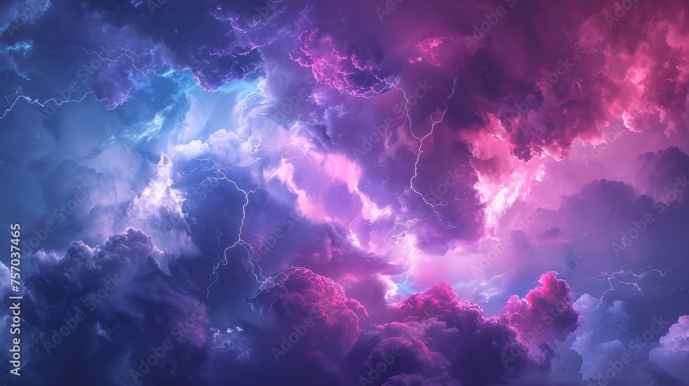 A striking image of a cloud filled with purple and blue lightning 